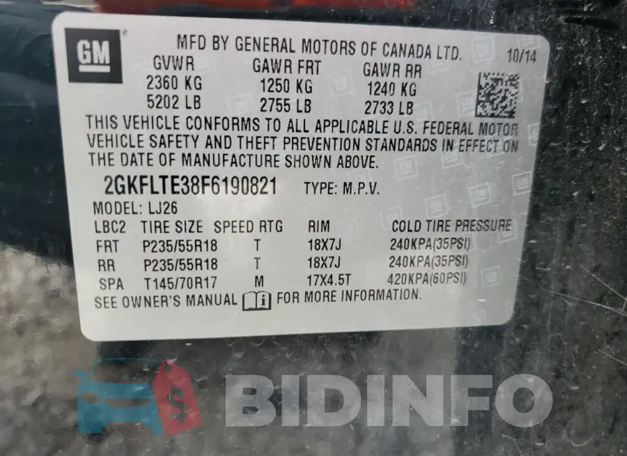 2GKFLTE38F6190821 Photo# 13