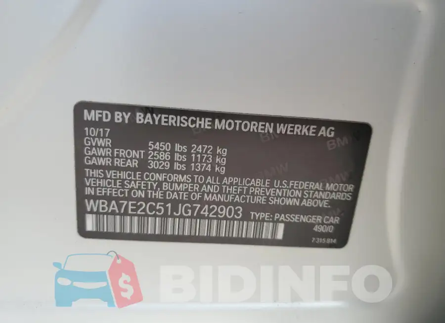 WBA7E2C51JG742903 Photo# 12