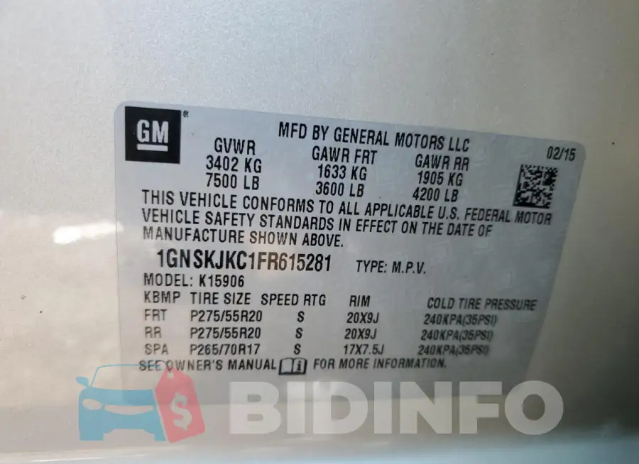 1GNSKJKC1FR615281 Photo# 14