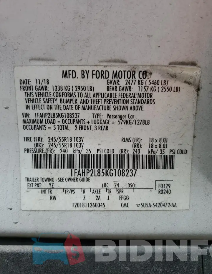 1FAHP2L85KG108237 Photo# 12