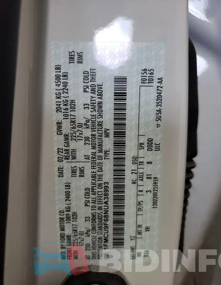 1FMCU9F68NUA38993 Photo# 13