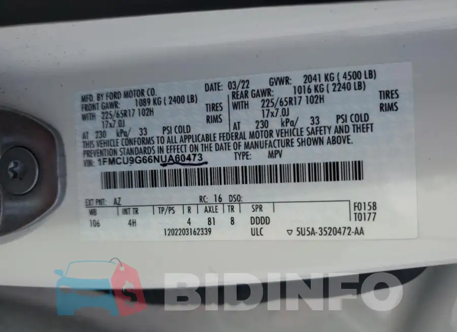 1FMCU9G66NUA60473 Photo# 14