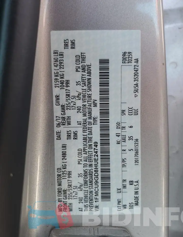 1FMCU9GD8HUE24749 Photo# 13