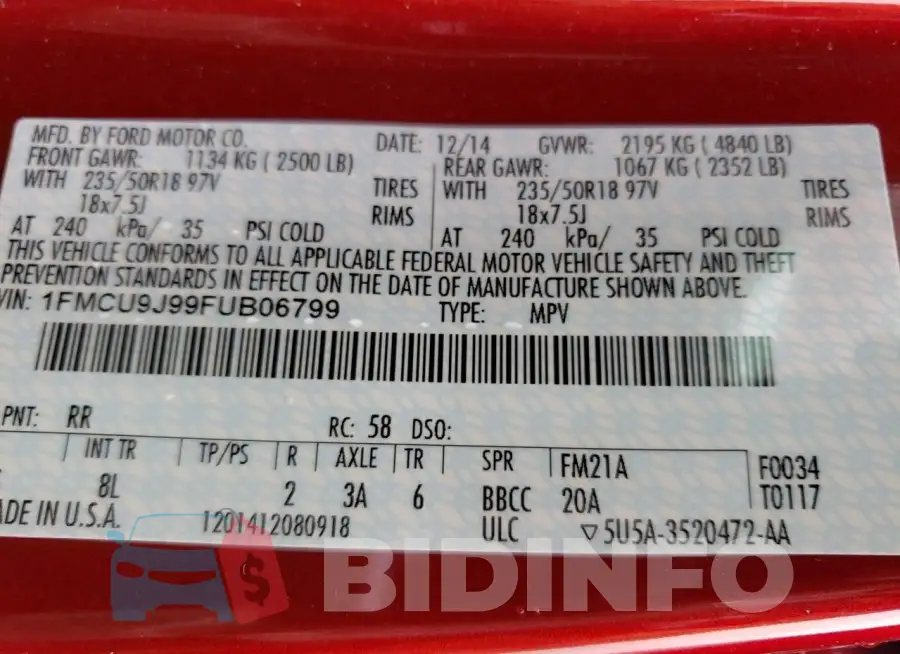 1FMCU9J99FUB06799 Photo# 13