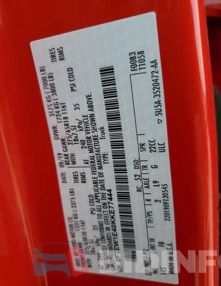 1FTEW1E40KKE77444 Photo# 12