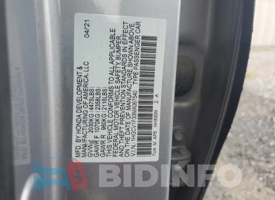 1HGCV1F33MA067540 Photo# 12