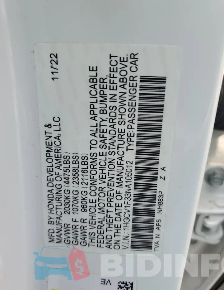 1HGCV1F33NA105012 Photo# 13