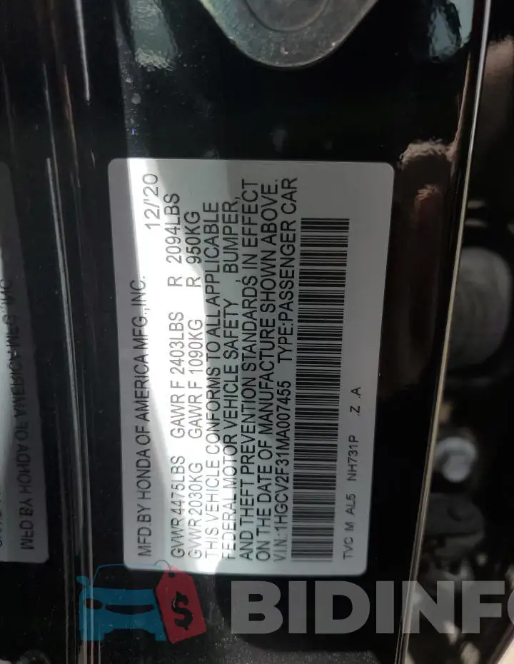 1HGCV2F31MA007455 Photo# 12