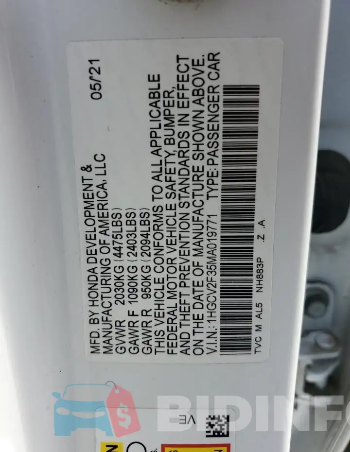 1HGCV2F35MA019771 Photo# 12