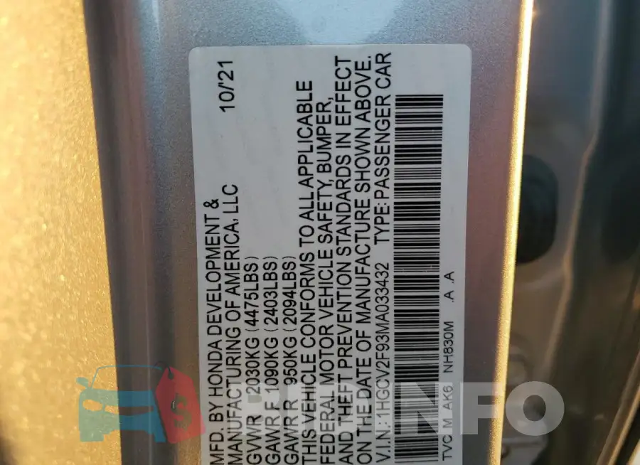 1HGCV2F93MA033432 Photo# 12