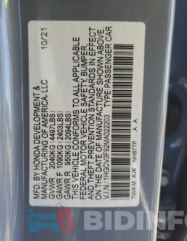 1HGCV3F92MA022203 Photo# 12