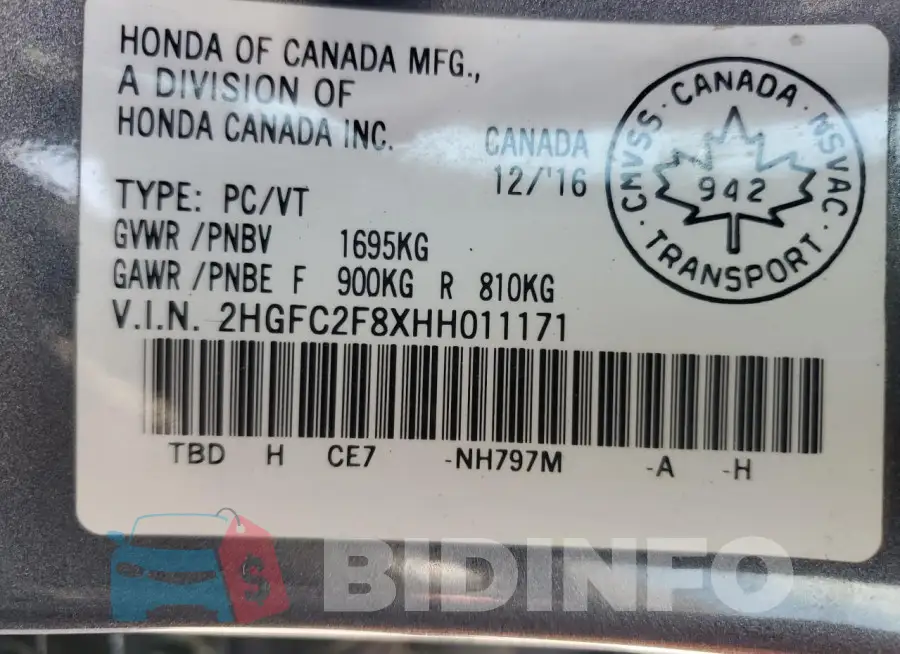 2HGFC2F8XHH011171 Photo# 13