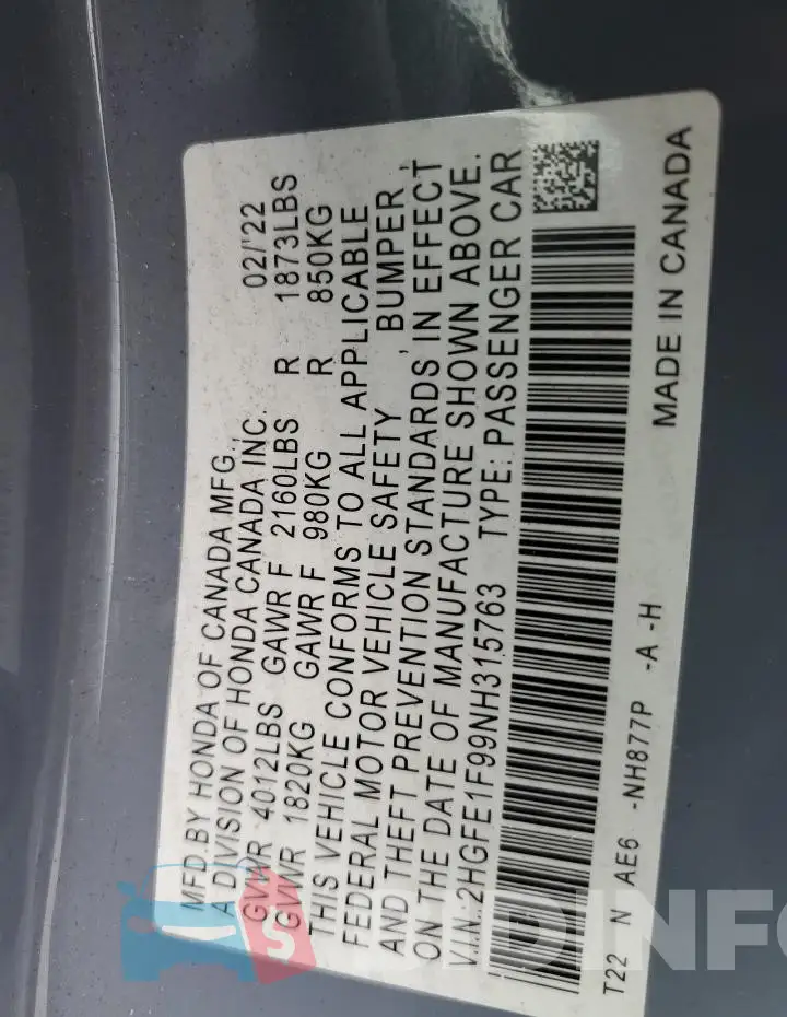 2HGFE1F99NH315763 Photo# 12