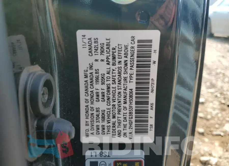 2HGFG3B53FH508064 Photo# 12