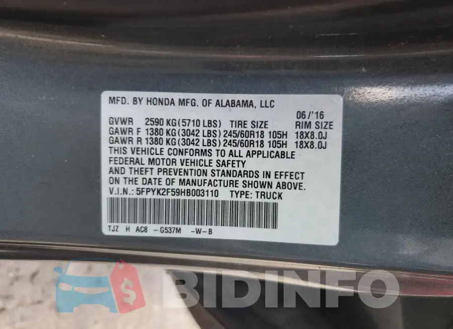 5FPYK2F59HB003110 Photo# 13