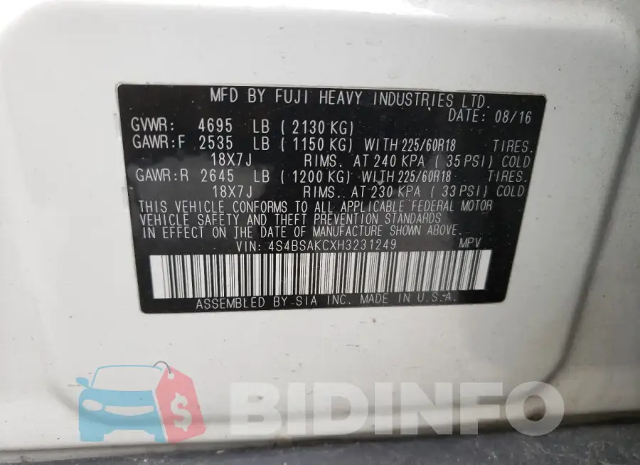 4S4BSAKCXH3231249 Photo# 13