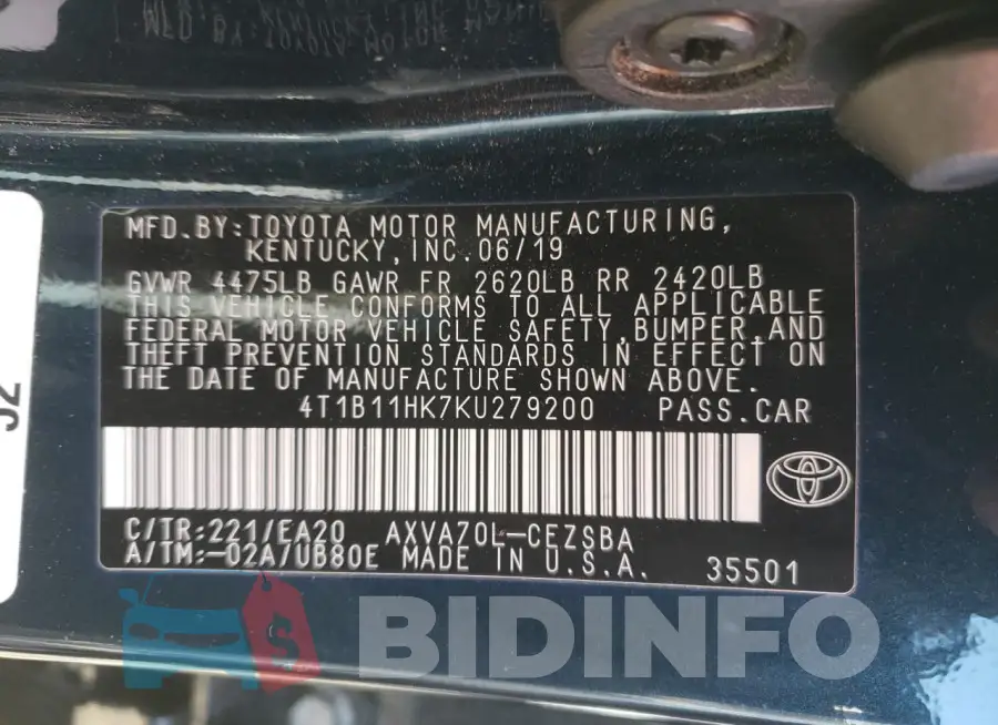 4T1B11HK7KU279200 Photo# 13