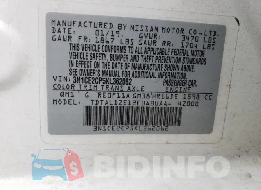 3N1CE2CP5KL362062 Photo# 13