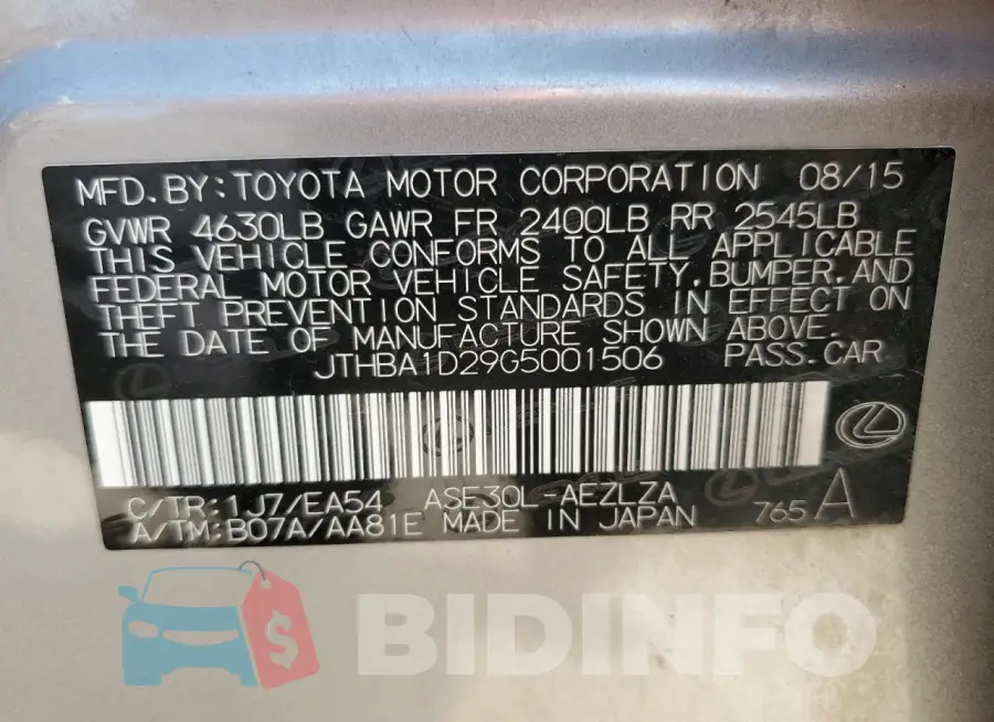 JTHBA1D29G5001506 Photo# 12