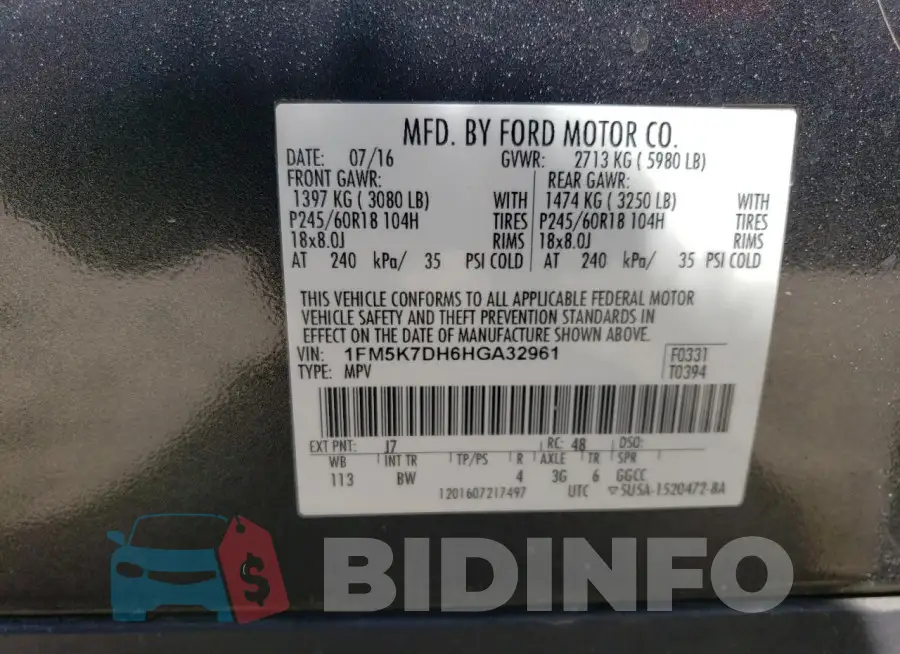 1FM5K7DH6HGA32961 Photo# 13
