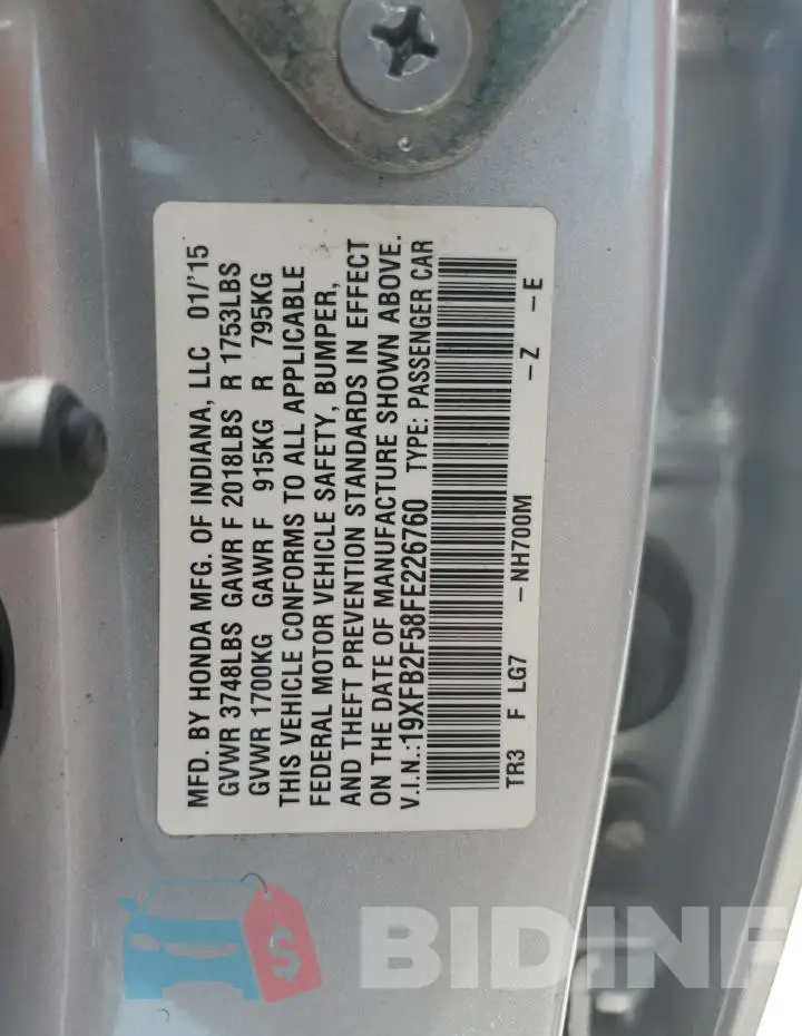19XFB2F58FE226760 Photo# 12
