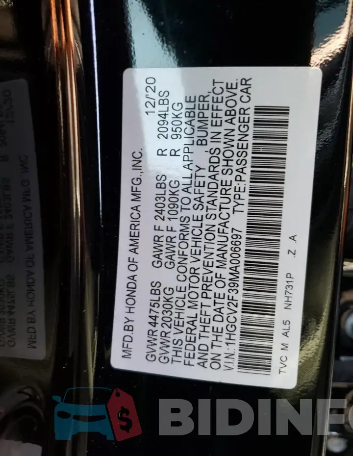 1HGCV2F39MA006697 Photo# 12