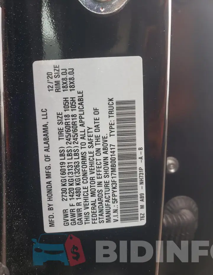 5FPYK3F17MB001417 Photo# 12