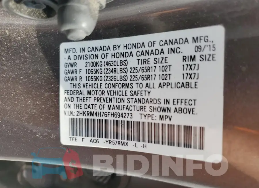 2HKRM4H76FH694273 Photo# 13