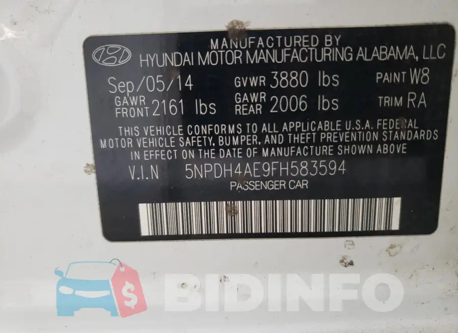 5NPDH4AE9FH583594 Photo# 12