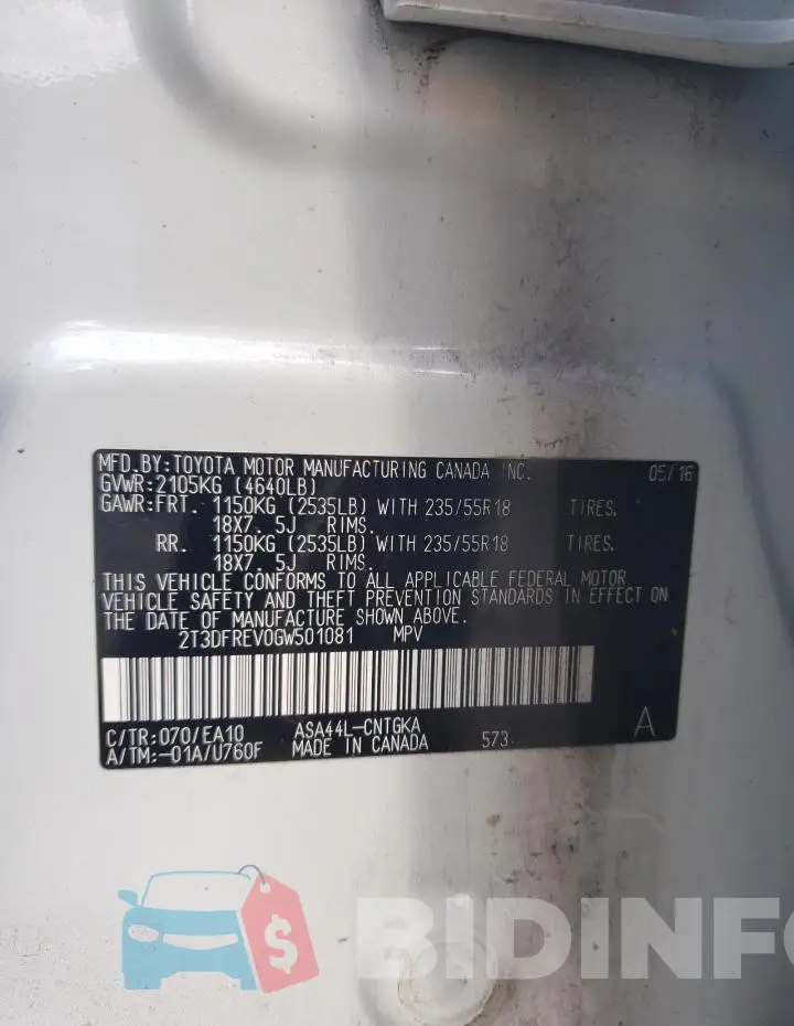 2T3DFREV0GW501081 Photo# 13