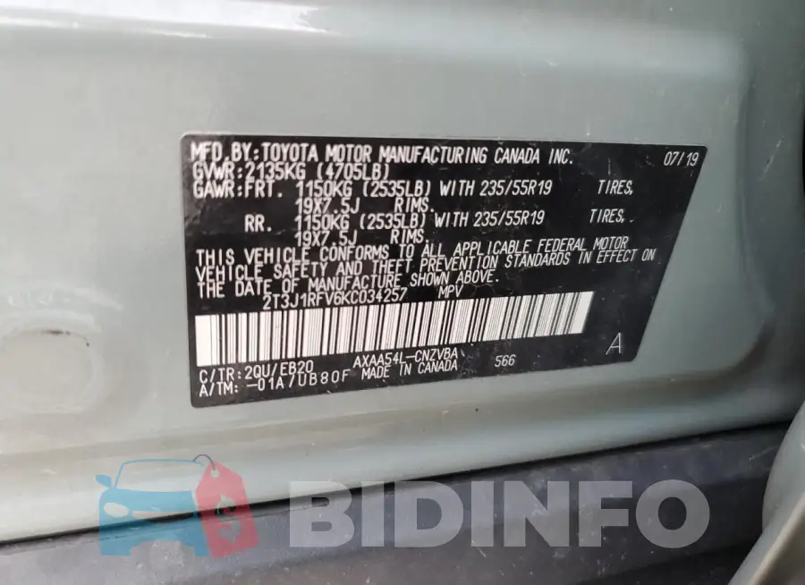 2T3J1RFV6KC034257 Photo# 13