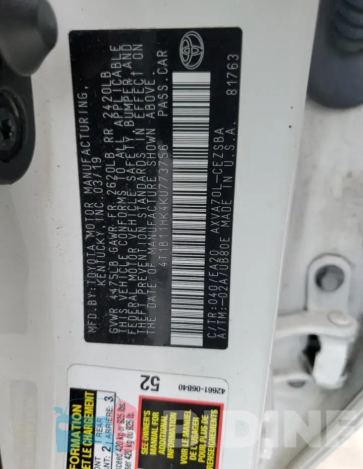 4T1B11HK4KU773756 Photo# 12