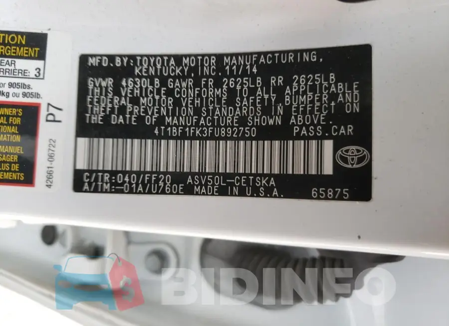 4T1BF1FK3FU892750 Photo# 13