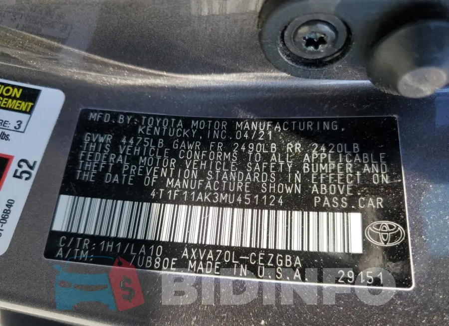4T1F11AK3MU451124 Photo# 12