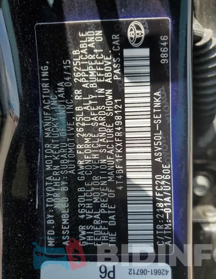 4T4BF1FKXFR498121 Photo# 13