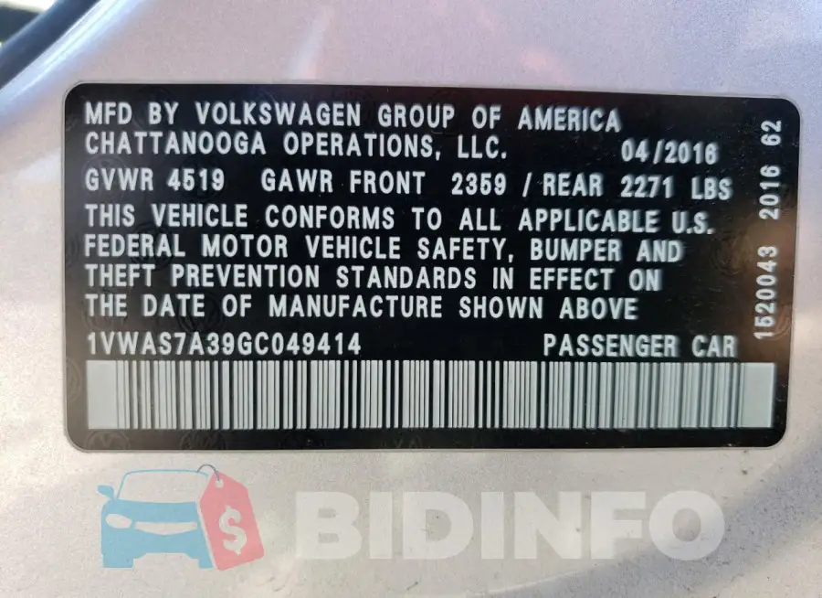 1VWAS7A39GC049414 Photo# 12