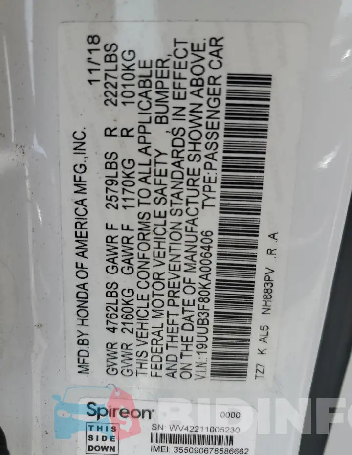 19UUB3F80KA006406 Photo# 12