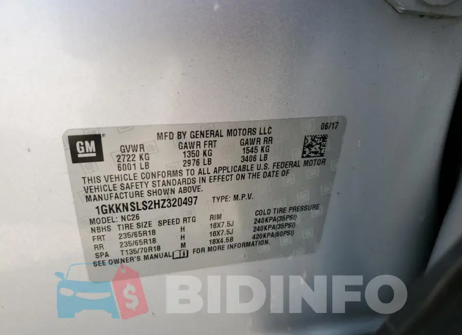 1GKKNSLS2HZ320497 Photo# 12