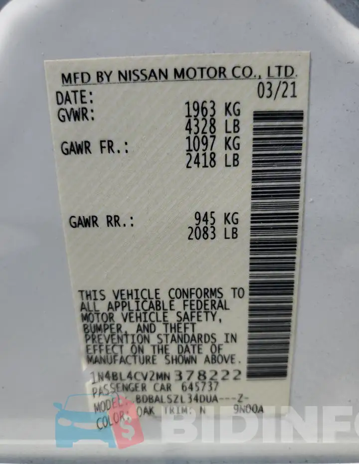 1N4BL4CV2MN378222 Photo# 12