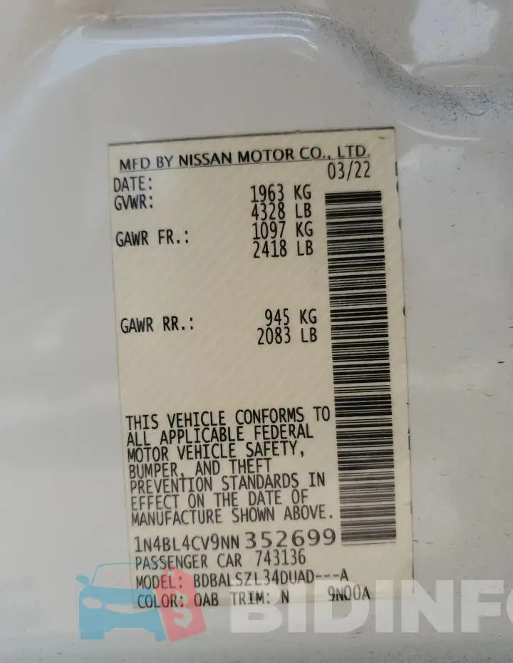 1N4BL4CV9NN352699 Photo# 12
