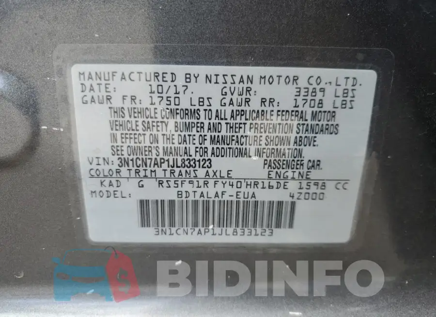 3N1CN7AP1JL833123 Photo# 13