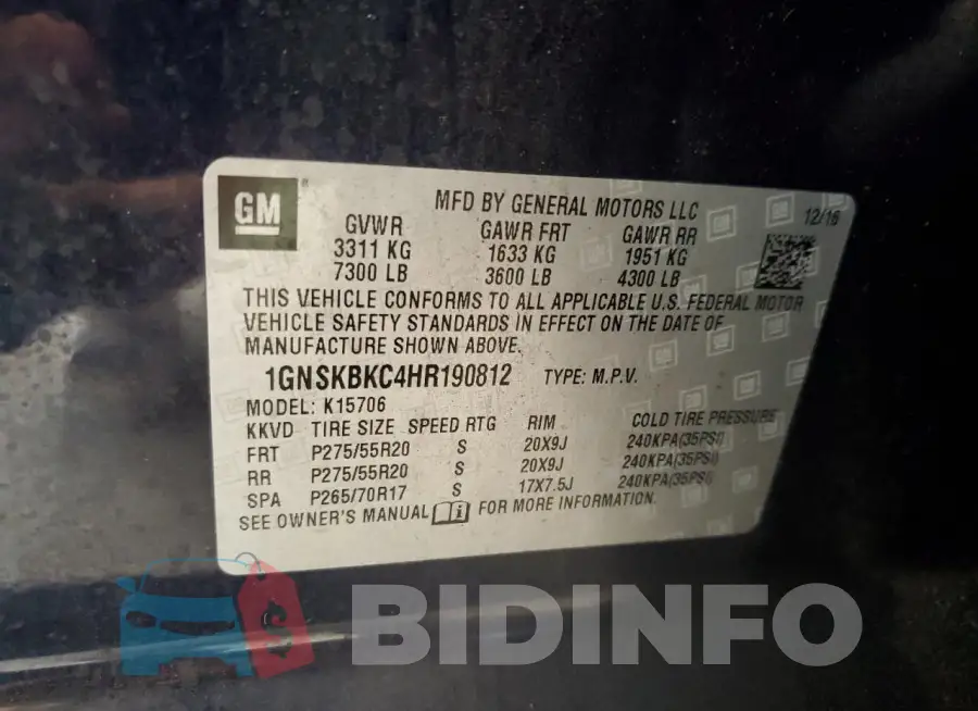 1GNSKBKC4HR190812 Photo# 13