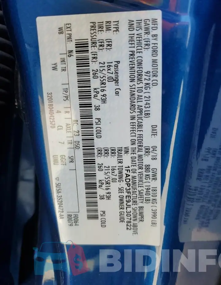 1FADP3FE9JL307822 Photo# 12