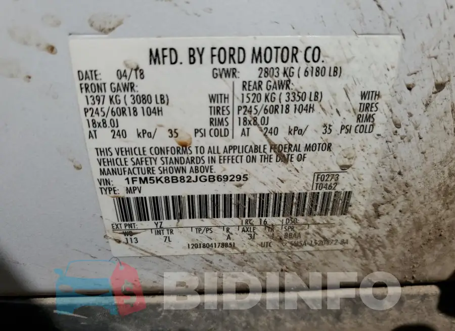 1FM5K8B82JGB69295 Photo# 13