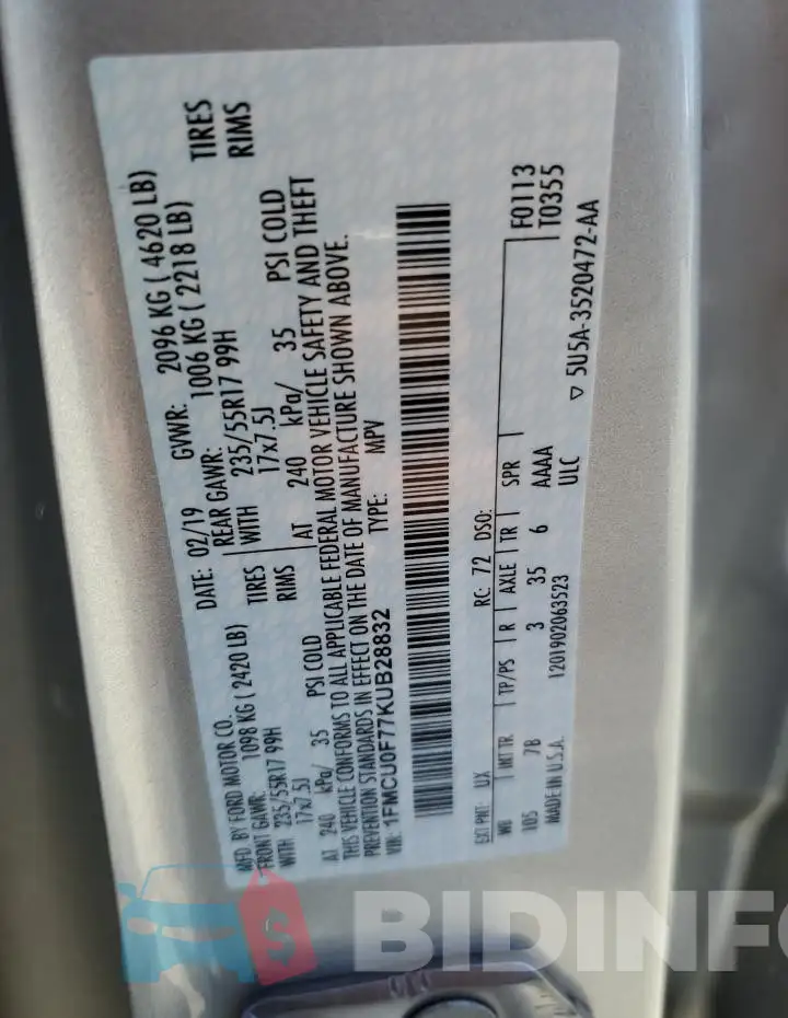 1FMCU0F77KUB28832 Photo# 14