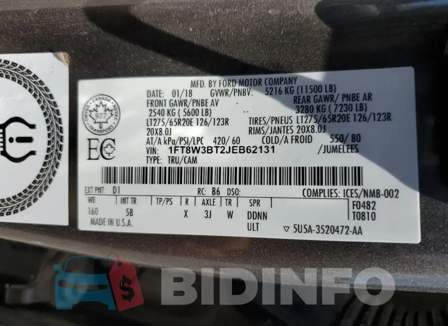 1FT8W3BT2JEB62131 Photo# 13