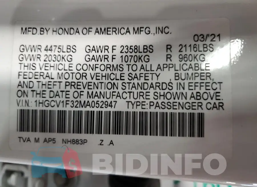 1HGCV1F32MA052947 Photo# 12