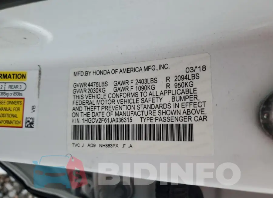 1HGCV2F61JA036315 Photo# 12