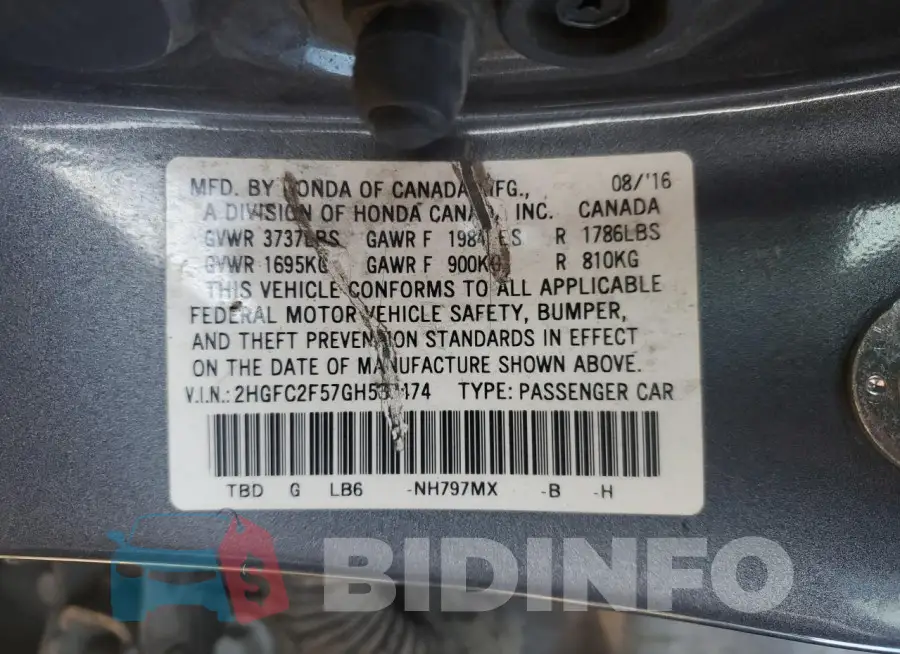 2HGFC2F57GH567474 Photo# 12