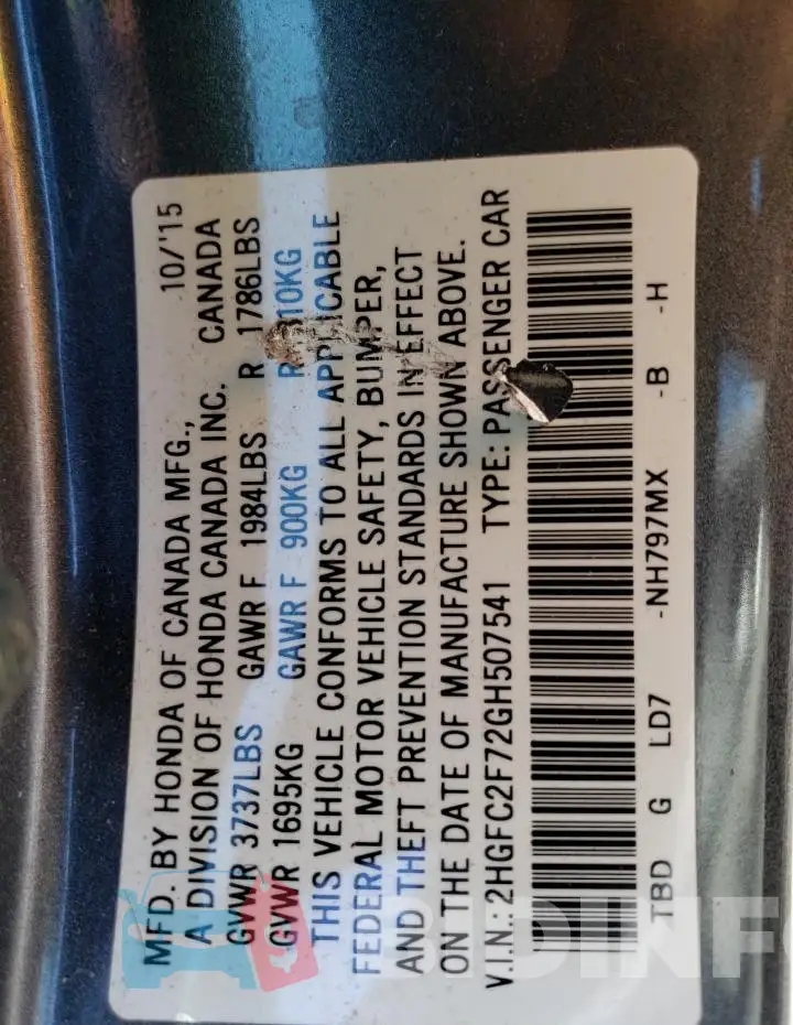 2HGFC2F72GH507541 Photo# 13